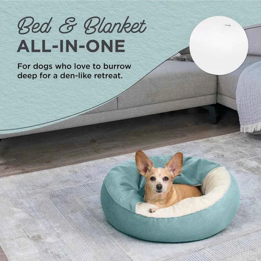Cozy Cuddler Ilan Covered Cat and Dog Bed with Attached Blanket, Tide Pool Blue, 24x24