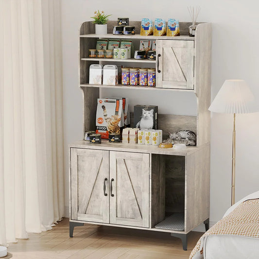 Rustic Farmhouse Hidden Cat Litter Box Enclosure 4-Tier Storage Shelves & 2 Cabinets Wood Cat Washroom Furniture For Indoor Use