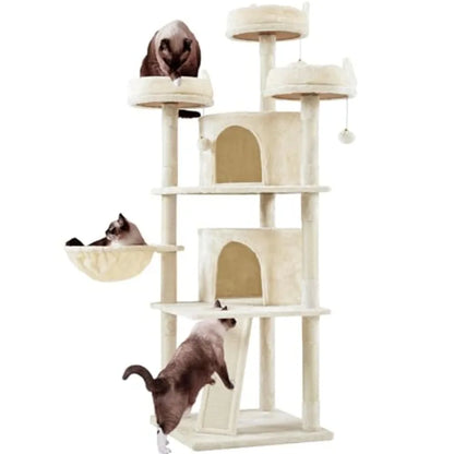 69in Large Cat Tree Tower, 2 Condos, Sisal Posts and Cat-Ear Perch Sturdy anti-wobble base, soft basket, climbing ramp, easy as
