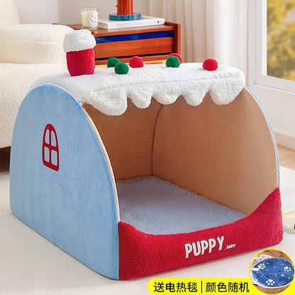 Warm Winter Thickened Semi Enclosed Dog Bed Tent Luxury Villa Cave For Large Dogs And Corgis Cozy Home Bedroom Christmas Gift