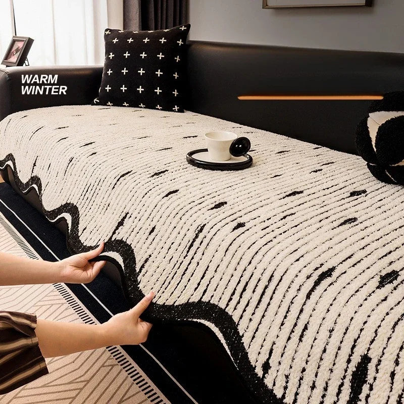 Nordic Striped Plush Sofa Cover Irregular Non-slip Corner Sofa Seat Cover Winter Warm Sofa Protector Towel for Living Room Decor