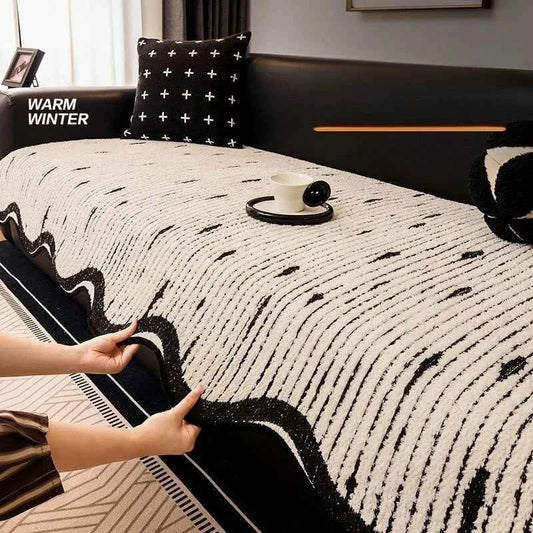 Nordic Striped Plush Sofa Cover Irregular Non-slip Corner Sofa Seat Cover Winter Warm Sofa Protector Towel for Living Room Decor