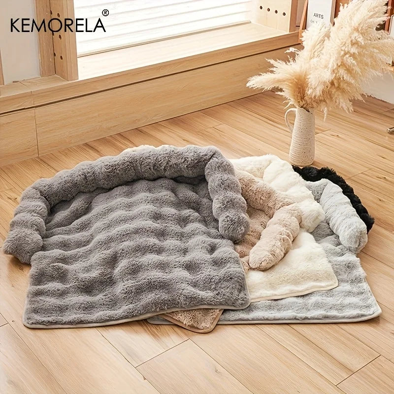 Thickened Warm Imitation Rabbit Fur Dog Bed Luxury Plush Pet Mattress with Pillow Scratch-Resistant Anti-Slip for Medium Dogs