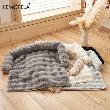 Thickened Warm Imitation Rabbit Fur Dog Bed Luxury Plush Pet Mattress with Pillow Scratch-Resistant Anti-Slip for Medium Dogs