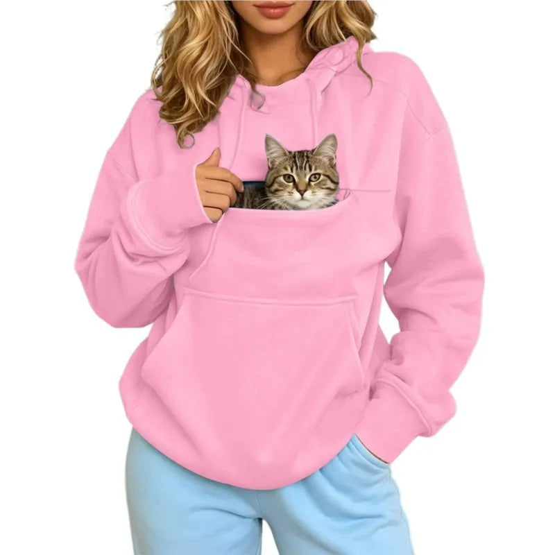 Pet Lover Sweatshirt Women Pet Carrier Hoodie With Pet Pocket Drawstring Long Sleeve Cat Dog Holding Pullover Solid Loose Casual