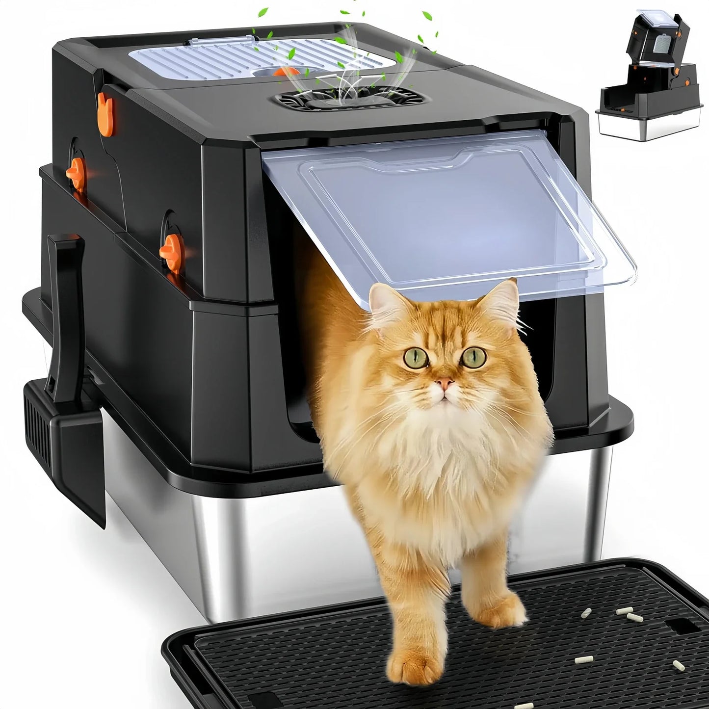Premium Stainless Steel Enclosed Litter Box with Lid, XL Anti-Leakage Cat Toilet, Flip-Top Odor Control Design, Dual Entry