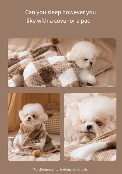 Winter Cream Color Plaid Flannel Pet Blanket, Double-Sided Soft Warm Fleece Throw for Small Dogs and Cats，Warm Cuddler Bed Mat