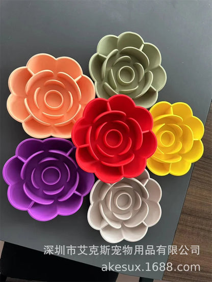 Pet Supplies Silicone Slow Food Bowl Rose Shape Dog Bowl Cat Anti-Choking and Anti-Knocking Food Bowl with Suction Cup