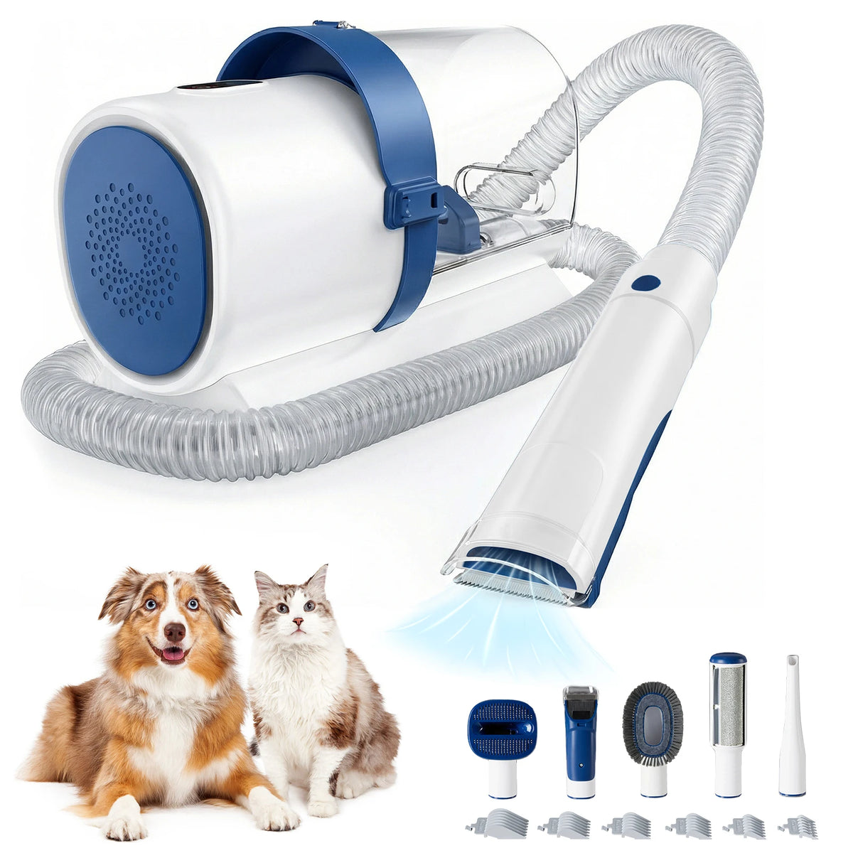 Pet grooming dryer with attachments and two pets on a white background