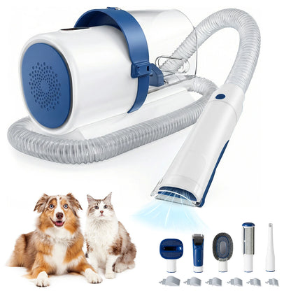 Pet grooming dryer with attachments and two pets on a white background
