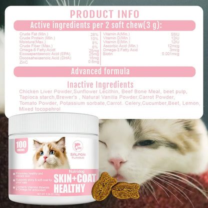 Nutridog Omega Skin And Coat Soft Chew -Omega 3 Fish Oil Skin And Coat Supplement - Shedding, Support Healthy Shiny Hair-Salmon Flavor-120 Chews-For Cats- Lysine Health Chews
