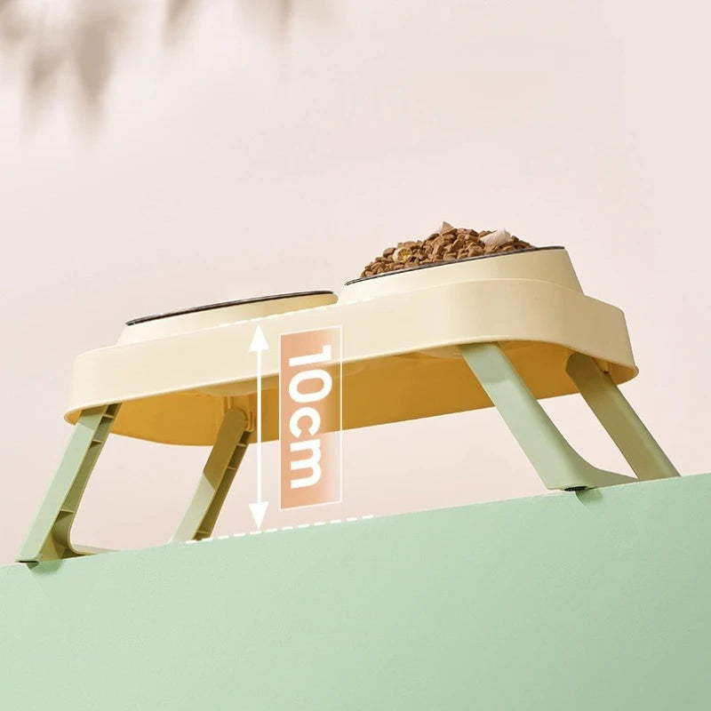 15° Elevated Pet Feeder: Portable Foldable Dual Stainless Steel Bowls with Non-Slip Base - Neck Support for Cats and Dogs