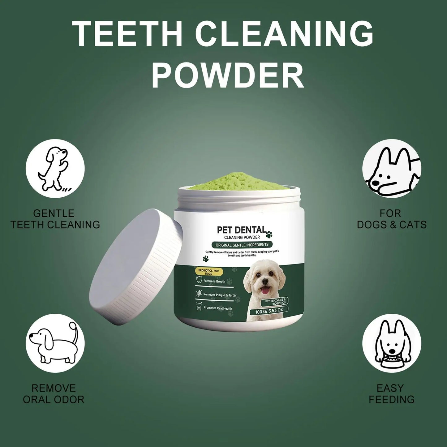 100g Dog Tooth Powder Freshen Breath Natural Plaque Tartar Remover Probiotic Teeth Cleaning Dental Care For Puppy Small Large