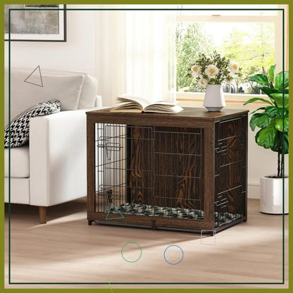 Wooden Dog Crate Furniture with Cushion, Medium Kennel End Table with Tray, Double Doors Indoor Pet House (32" L*22" W*26" H)