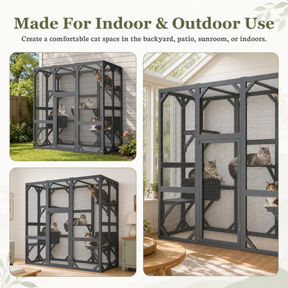 Large Wooden Catio Outdoor Cat Enclosure  Walk-in Cat House with Platforms & Rest Box   Weatherproof Cat Cage for Multiple Cats