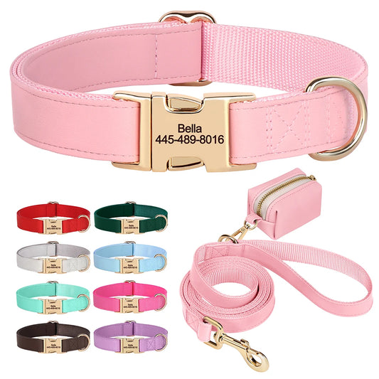 Personalized Dog Collar Leash Bag Set Custom PU Leather Dog Collars Colorful Pet Necklace With Leashes Poop Bag for Dogs Pug