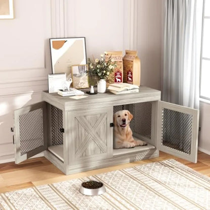 Corner Dog Crate Furniture with Double Doors 36 Inch Wooden Dog Kennel End Table Indoor with Mesh Cage/House for Small Medium L