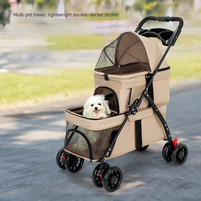 Double Decker Pet Stroller for 2 Dogs Cats, Lightweight Foldable Travel Carrier, Detachable Upper/Lower Pet Trolley for Outdoor