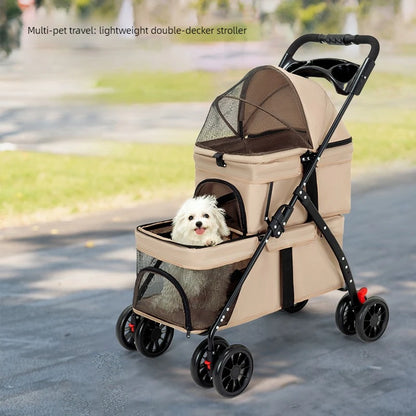Double Decker Pet Stroller for 2 Dogs Cats, Lightweight Foldable Travel Carrier, Detachable Upper/Lower Pet Trolley for Outdoor
