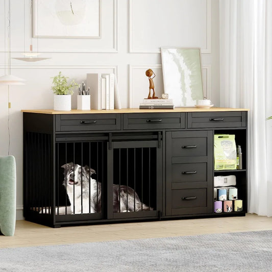 Wooden 72.4 Heavy-Duty Dog Crate Furniture with Storage Drawers and Shelves, Indoor Dog House TV Stand