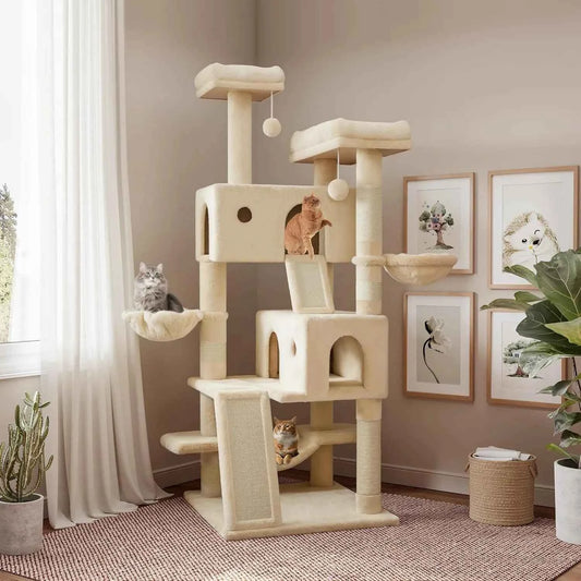 65in Larger Cat Tree Tower Condo for Indoor Kitties/Multi-Level Furniture Activity Center with Wide Base/Cozy Plush Cat Perches/