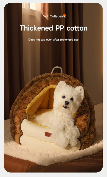 HOOPET Winter Dog Bed with Roof, Semi-Enclosed Warm House & Soft Pad, Plush Security Feeling Comfort Pet Nest for Small Dogs