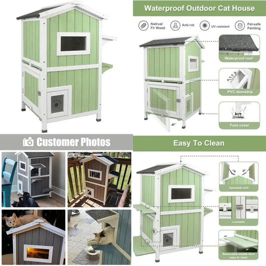 Weatherproof Two-Story Wooden Outdoor Feral Cat House – Openable Roof & Escape Door (Green/White) - Pet Suppie