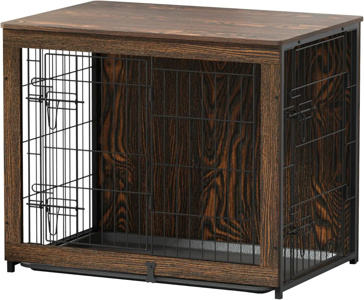 Wooden Dog Crate Furniture with Cushion, Medium Kennel End Table with Tray, Double Doors Indoor Pet House (32" L*22" W*26" H)
