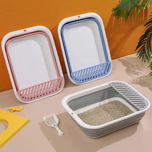 Portable Cat Bedpans Foldable Cat Toilet Large Capacity Semi-closed Pet Cat Litter Box Anti Splash Cat Tray Cleaning Bath Basin