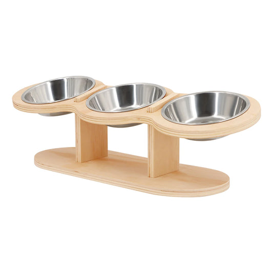 Cat 3 Bowls in 1 Feeder Feeding & Watering Supplies Food Bowl 15-Degree Tilt Raised Puppy 3 Stainless Steel Bowls Wood Brackets - Pet Suppie