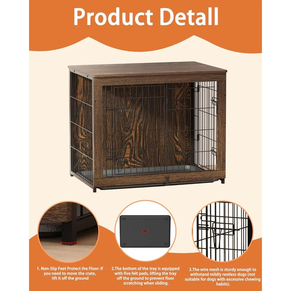 Wooden Dog Crate Furniture with Cushion, Medium Kennel End Table with Tray, Double Doors Indoor Pet House (32" L*22" W*26" H)