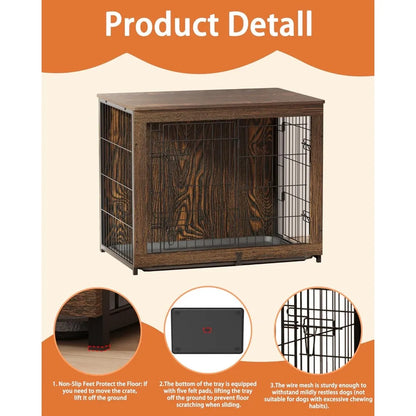Wooden Dog Crate Furniture with Cushion, Medium Kennel End Table with Tray, Double Doors Indoor Pet House (32" L*22" W*26" H)