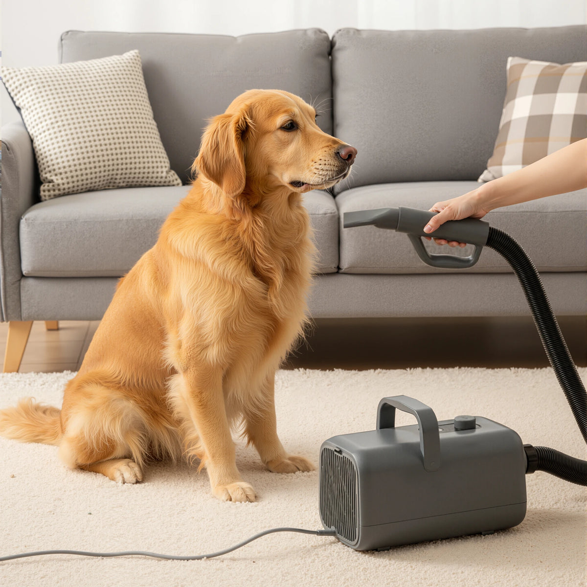 Dog sitting on a carpet next to a handheld vacuum cleaner in a living room.