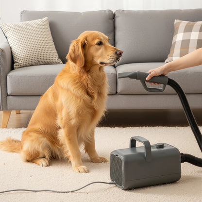 Dog sitting on a carpet next to a handheld vacuum cleaner in a living room.