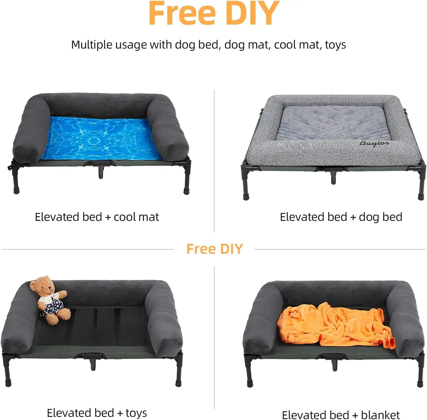 Outdoor Elevated Dog Bed Cooling Raised Pet Lounger Bed Mesh Cot Sleep Camping Bed with Detachable Plush Bolster