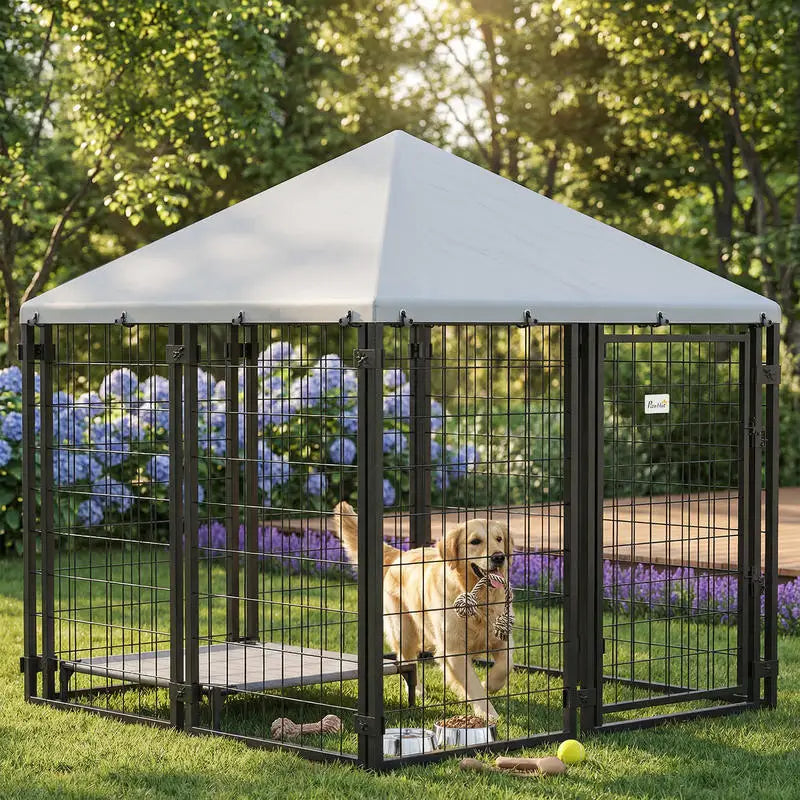 Lockable Dog House Kennel with Water-resistant Roof for Small and Medium Sized Pets, 4.6' x 4.6' x 5'