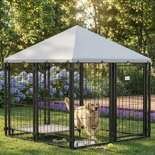 Lockable Dog House Kennel with Water-resistant Roof for Small and Medium Sized Pets, 4.6' x 4.6' x 5'