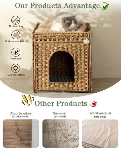 Cat Litter Box Enclosure Furniture, Hidden Litter Box with Mat and Fence, Handwoven Rattan Cat House with Two S-Shaped Hooks for