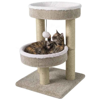 24" Cat Tower with 2 Plush Perches  Scratching Posts and Dangling Ball-Beige