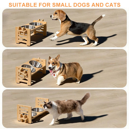 Adjustable wooden raised dog bowl stand with 2 stainless steel bowls for small dogs and cats, sturdy wooden pet food feeder
