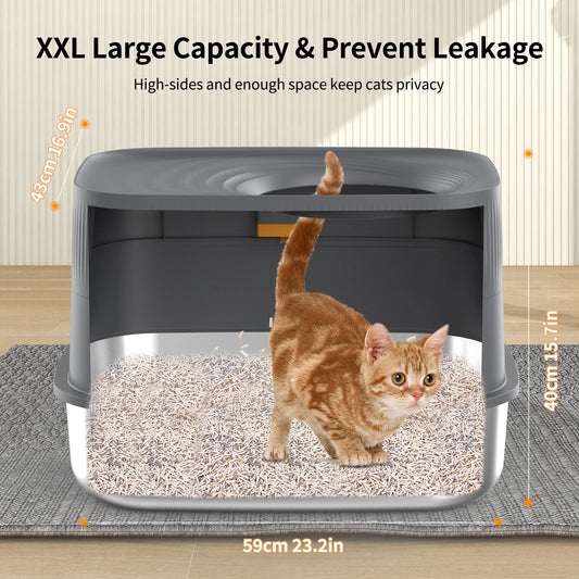 Top-Entry Oval Stainless Steel Cat Litter Box with Lid, XL Extra Large Enclosed Metal Cat Litter Box with Removable Lid and Cat Litter Scoop, Odor-Free, Easy to Clean, Prevents Large Cats from Leaking Urine - Gray