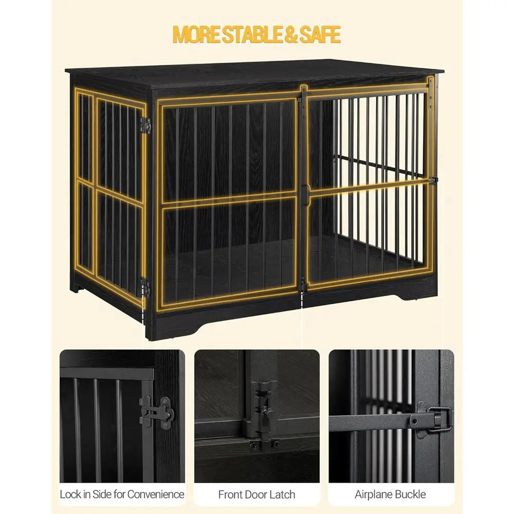 Large Dog Crate Furniture, 44.1 Indoor Kennel with Barn Door, Wooden Tall Dog Cage, Heavy Duty for Large Dogs, Side End Table, A