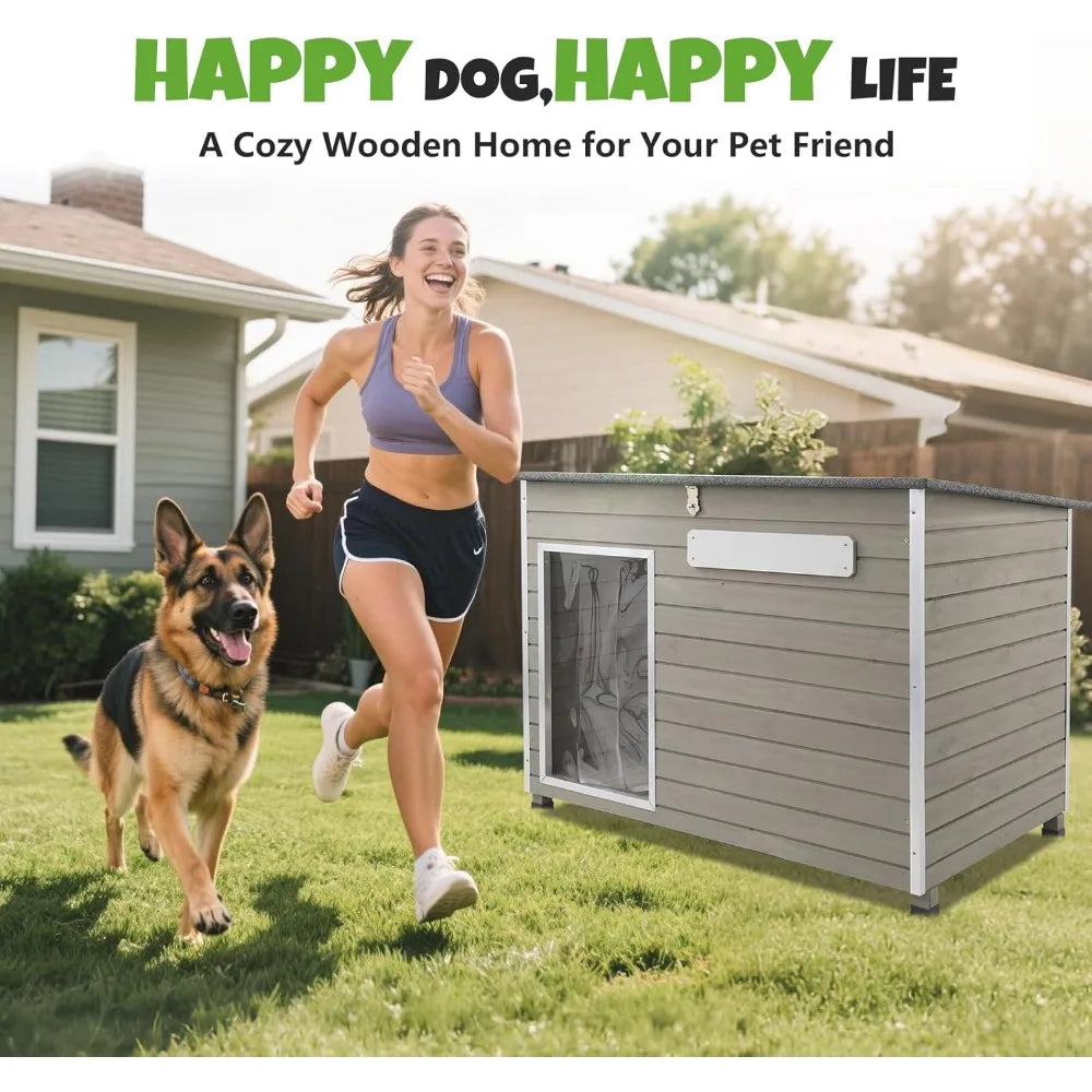Wooden Dog House Outdoor, XL Weatherproof Dog Houses with Adjustable Vent Windows, Chew-Resistant Frame, Removable Floor