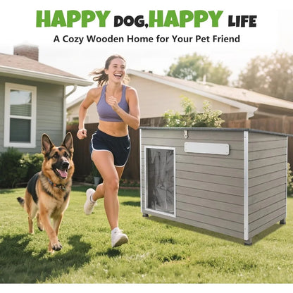 Wooden Dog House Outdoor, XL Weatherproof Dog Houses with Adjustable Vent Windows, Chew-Resistant Frame, Removable Floor
