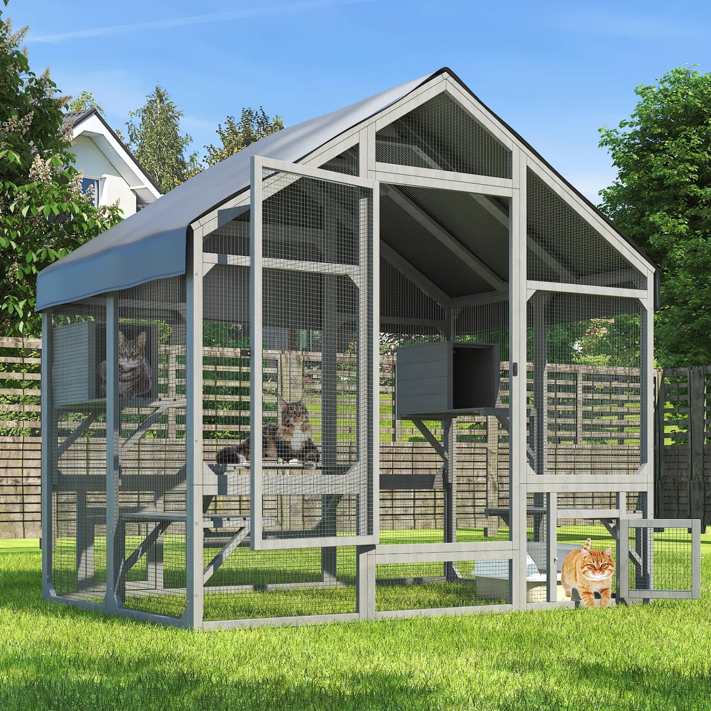 71"Catio Outdoor Cat Enclosure for Multiple Cats Large Wooden Walk in Cats House Outside Weatherproof Roof