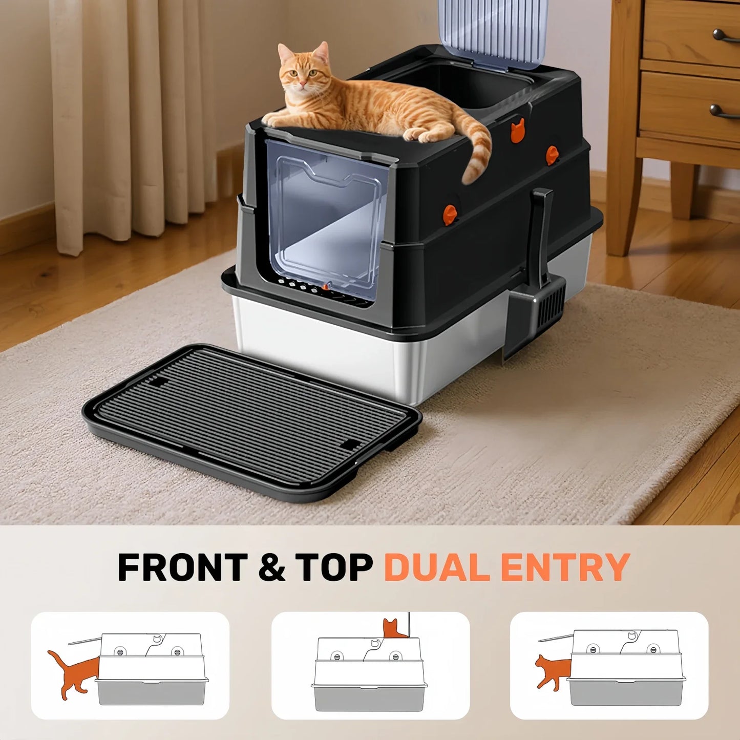 Premium Stainless Steel Enclosed Litter Box with Lid, XL Anti-Leakage Cat Toilet, Flip-Top Odor Control Design, Dual Entry