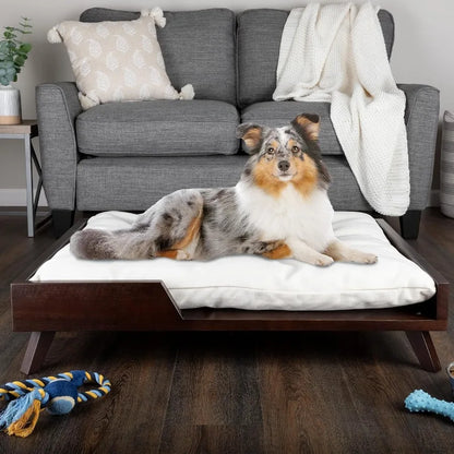 Elevated Dog Bed 36 x 29.5 Indoor Pet Bed with Frame and Soft Cushion Designed for Medium to Large Pets Mid-Century Modern Wood