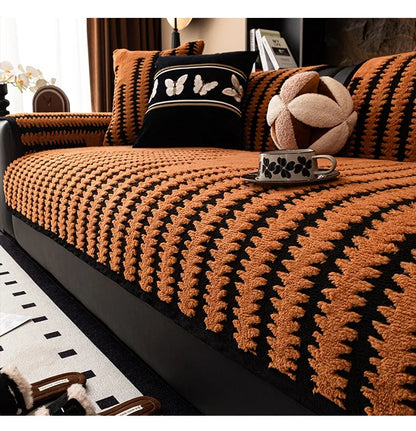 Geometric Lines Jacquard Soft Thicken Tuffed Fleece Sofa Towel Blanket for Living Room Cover Machine Washable Pet Friendly