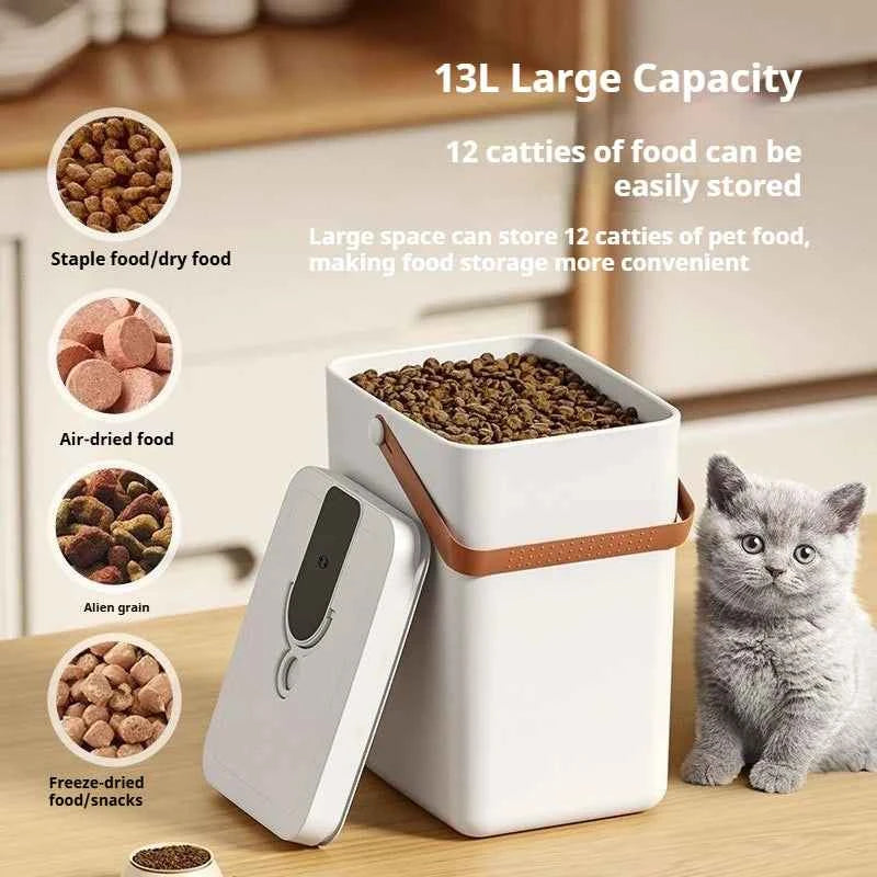 Vacuum Pet Food Storage Container 13L Large Capacity Sealed Fresh Lock Bin Cat Dog Kibble Smart Storage Organizer Airtight Lid
