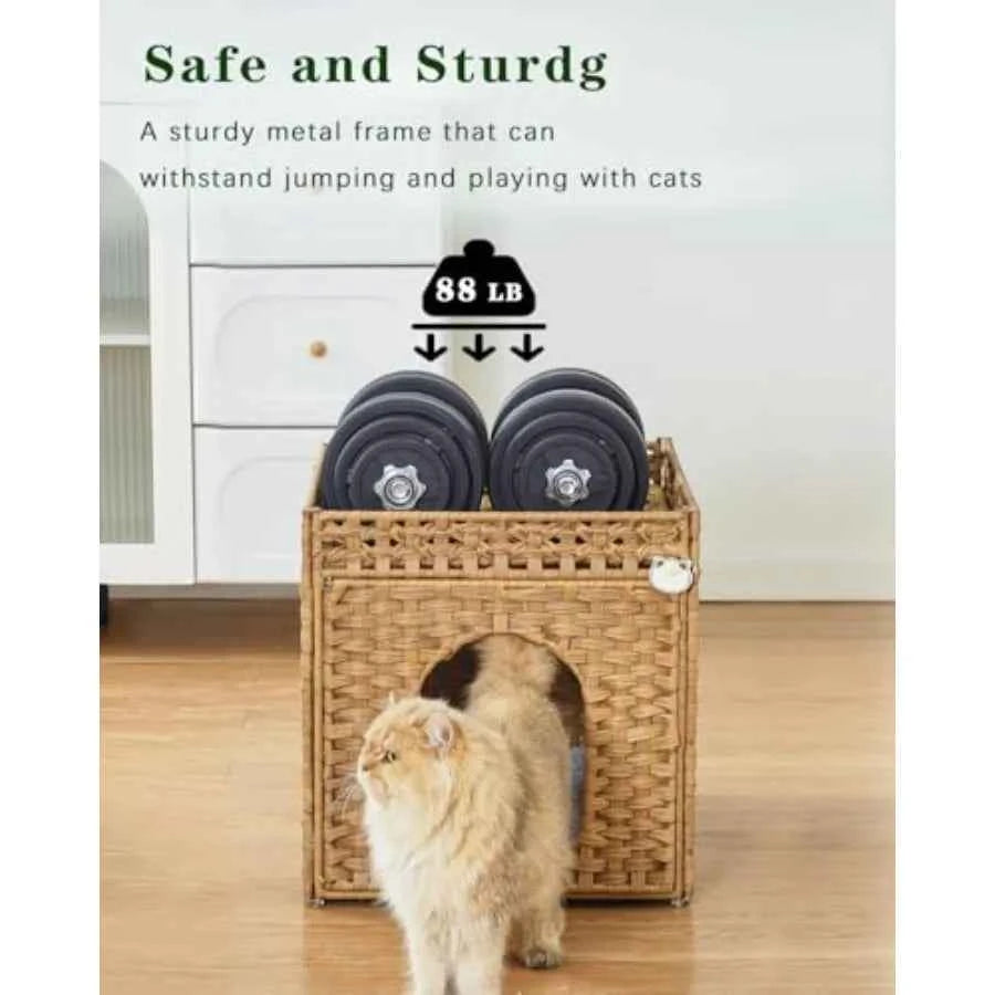 Indoor cat bed: handwoven rattan pet cube with double-sided soft cushions beige extra-large foldable hideaway for living room u
